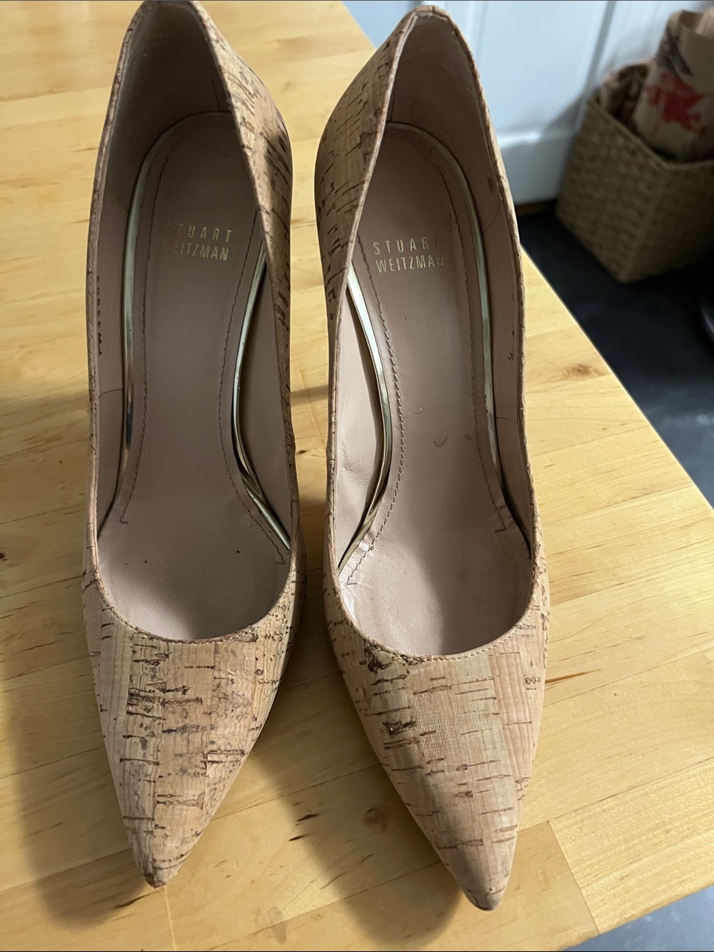 Stuart Weitzman Cork-Look Pointed Toe Pumps in Light Tan
